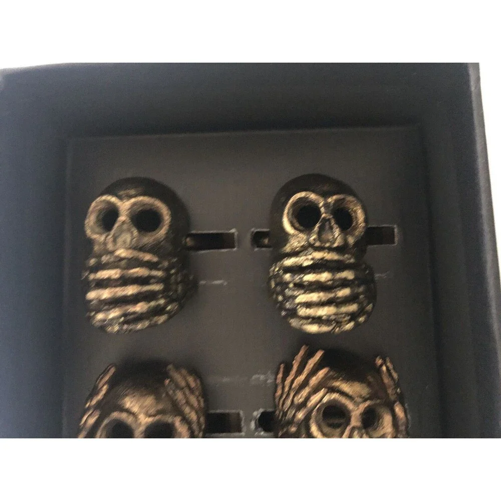 Rachel Zoe Skull Napkin Rings See Hear Speak No Evil Dark Gold Metal Set of 6